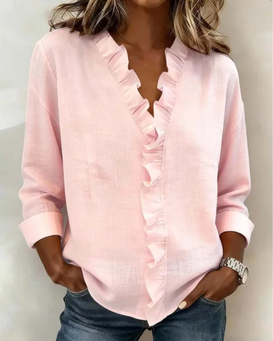 Long Sleeve Blouse V-Neck Solid Color Shirt with Ruffle Detail