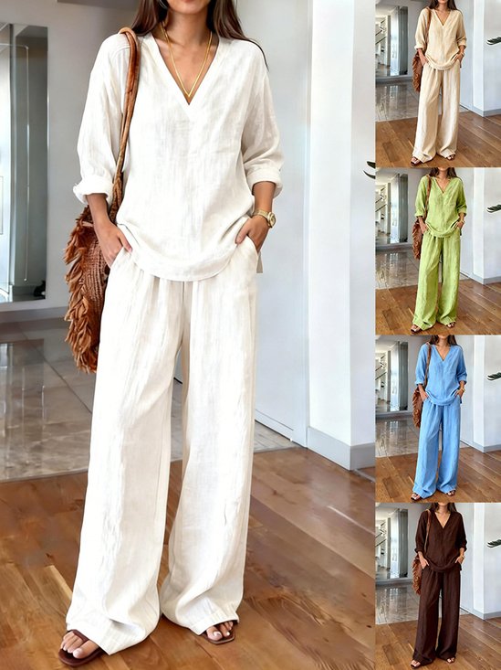 Women's Split Joint Plain Daily Going Out Two-Piece Set White Casual Spring/Fall Top With Pants Matching Set