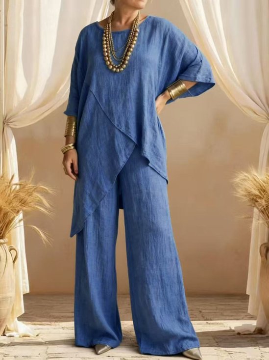 Polyester Cotton Elegant Plain Two-Piece Set