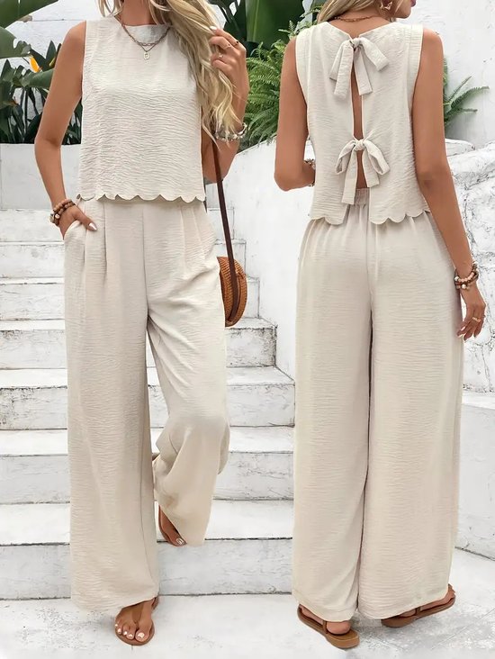 Women's Adjustable Strap Plain Daily Going Out Two-Piece Set Apricot Casual Summer Top With Pants Matching Set