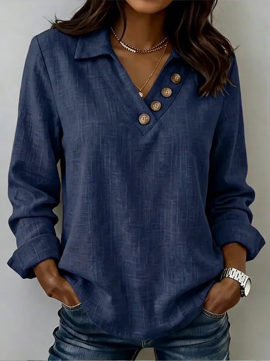 Vintage Cotton And Linen V Neck Plain Shirt