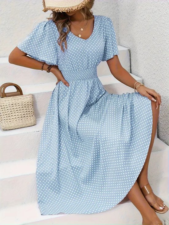 Women's Short Sleeve Summer Blue Polka Dots Split Joint V Neck Daily Going Out Casual Maxi A-Line Tank Dress