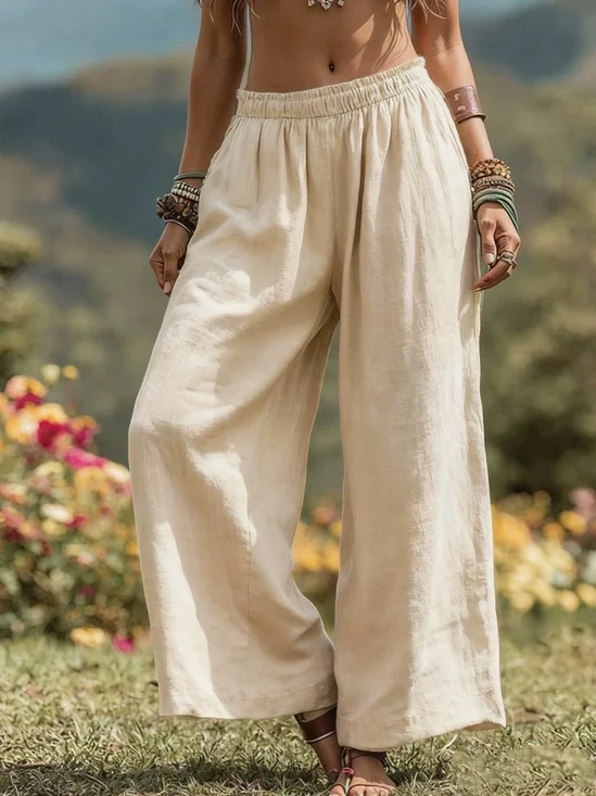 Plain Cotton Linen High Waist Wide Leg Elastic Casual Pants