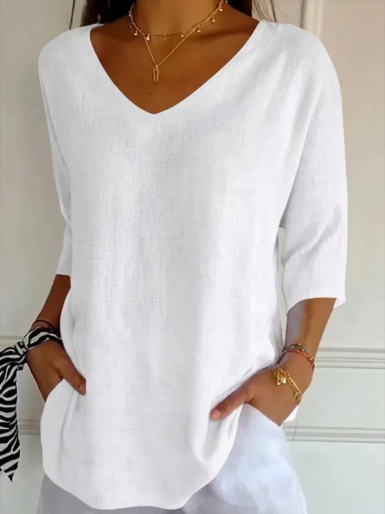 Women Plain V Neck Casual Three Quarter Sleeve T-shirt