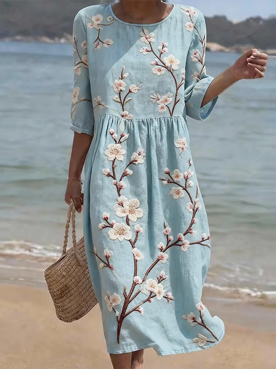 Women's Half Sleeve Summer Blue Floral Printing Crew Neck Daily Going Out Casual Maxi H-Line Dress