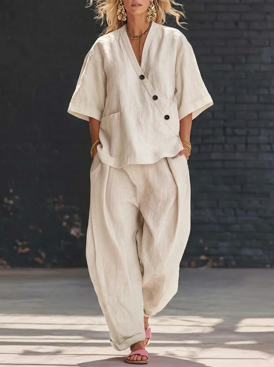 Cotton And Linen V Neck Short Sleeve Button Top With Pants Casual Two-Piece Set