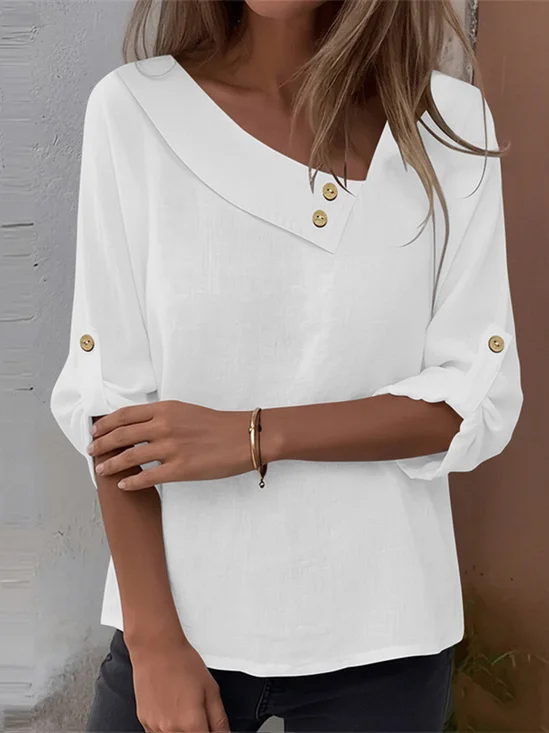 Cotton And Linen Casual Plain Asymmetrical Blouse