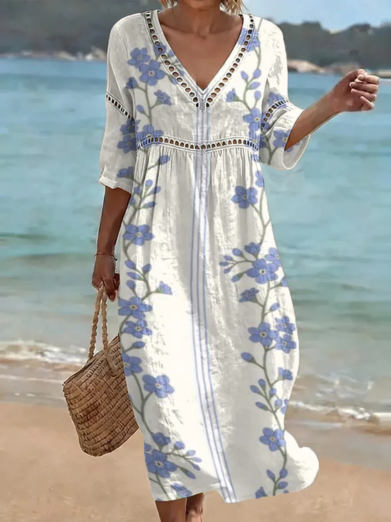 Cotton Blend Blue Floral Printed V Neck Short Sleeve Lace Summer Going Out Elegant Casual Dress