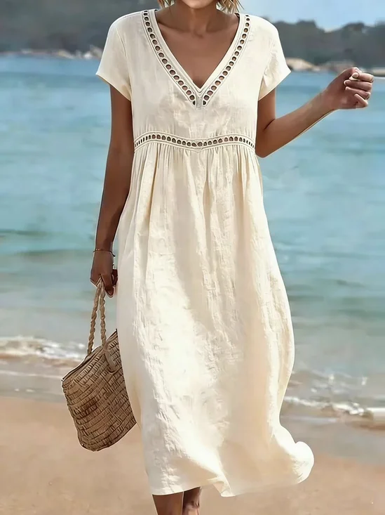 Cotton Blend Denim Blue V Neck Short Sleeve Lace Summer Going Out Elegant Casual Dress