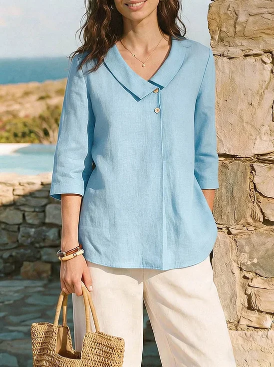Cotton And Linen Shawl Collar Short Sleeve Button Summer Going Out Casual Shirt
