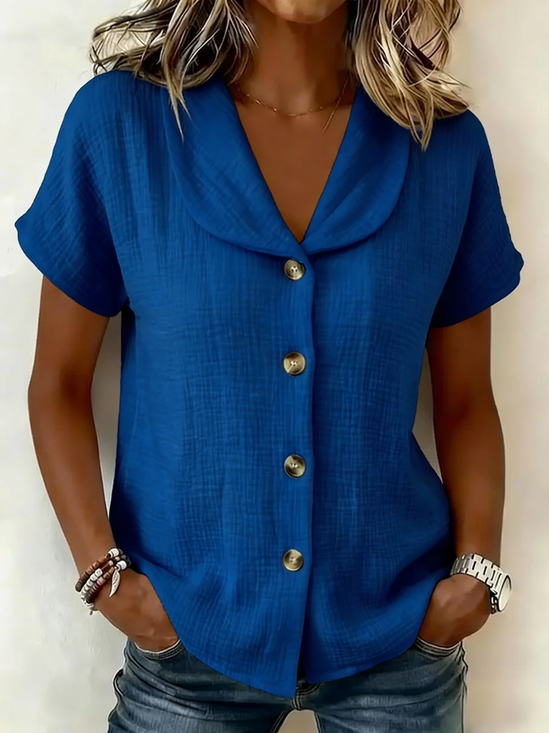 Cotton And Linen V Neck Short Sleeve Button Summer Plain Casual Shirt