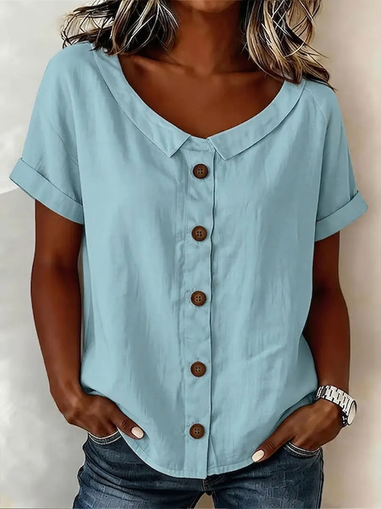 Cotton And Linen Short Sleeve Summer Plain Casual Shirt