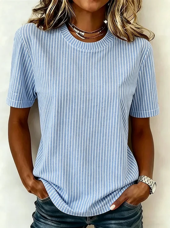 Women Striped Crew Neck Casual Short Sleeve T-shirt