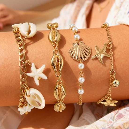 Golden Color Shell Iron Detail Multilayer Bracelet