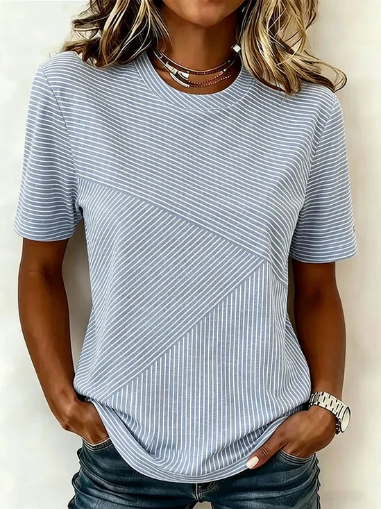 Women Striped Crew Neck Casual Short Sleeve T-shirt