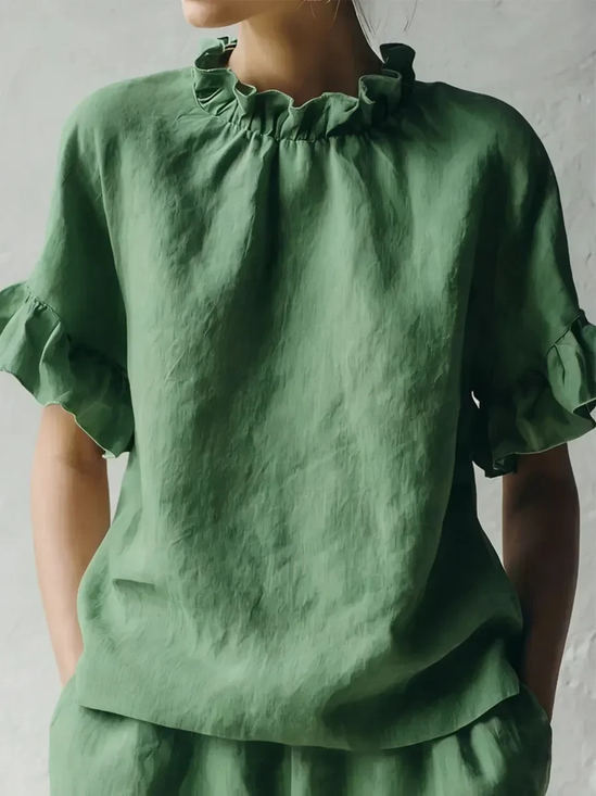 Casual Plain Lace Collar Blouse