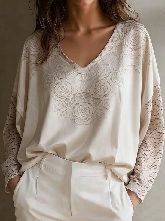 Lace Block Casual Plain V Neck Going Out Boho Top