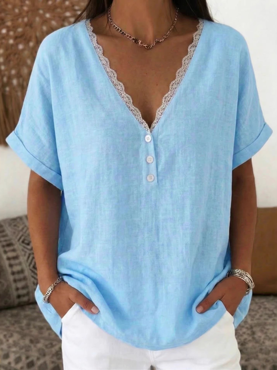 Cotton Casual Lace V Neck Blouse