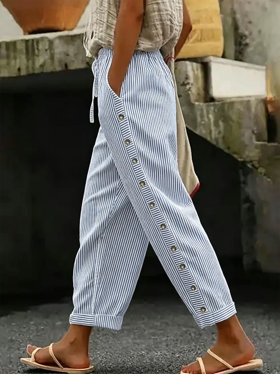 Loose Casual Linen Blend Striped Pants