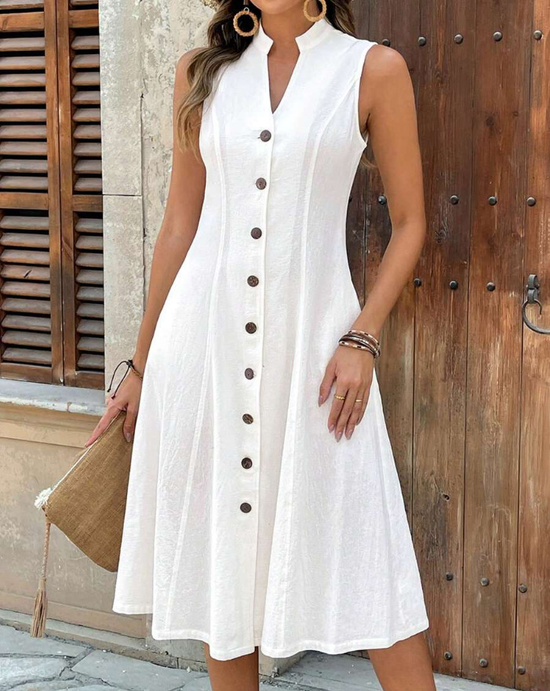 Cotton Polyester  V Neck Sleeveless Button Summer Elegant Casual Midi Dress