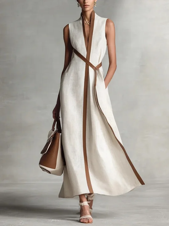 Cotton And Linen Color Block  Stand Collar Sleeveless Belt Plain Casual Maxi Dress