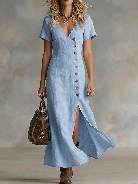 Cotton And Linen V Neck Short Sleeve Button Spring  Summer Casual Maxi Dress
