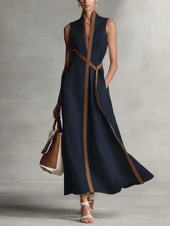 Cotton And Linen Color Block  Stand Collar Sleeveless Belt Plain Casual Maxi Dress