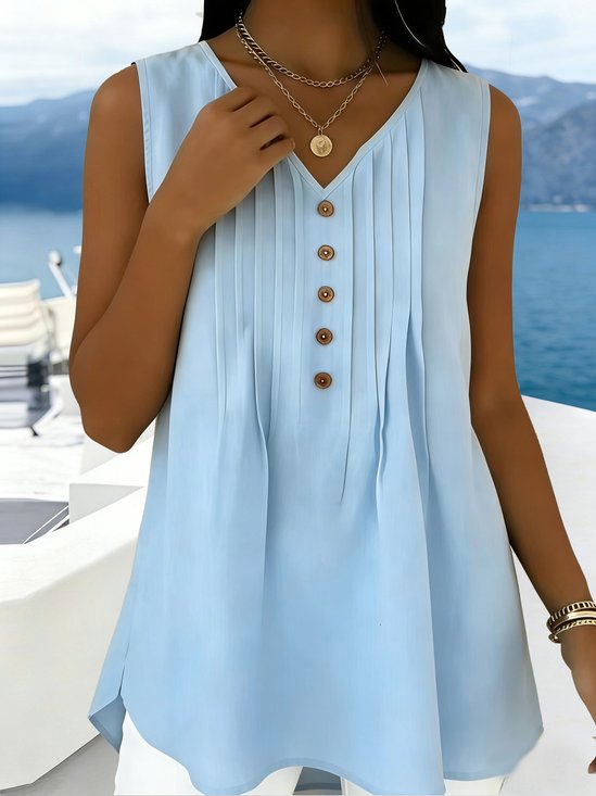 Elegant V Neck Sleeveless Button Summer Vacation Casual Tank Top