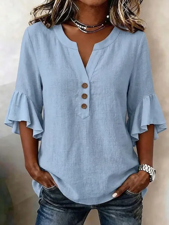 Cotton And Linen The Quarter Sleeve Ruffle V Neck Casual Blouse