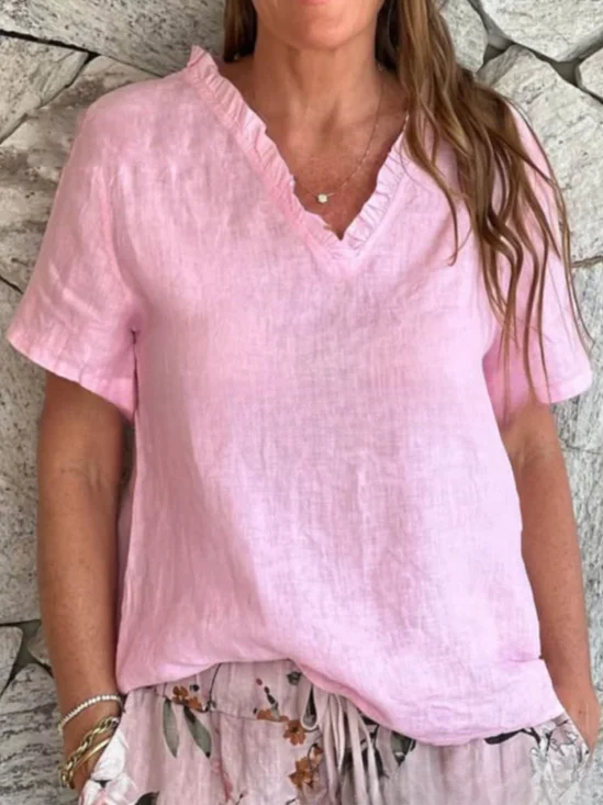 Women Plain V Neck Casual Short Sleeve T-shirt