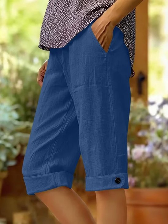 Cotton And Linen  Fifth Pants Side Pocket Button Mid Waist Summer Casual Shorts