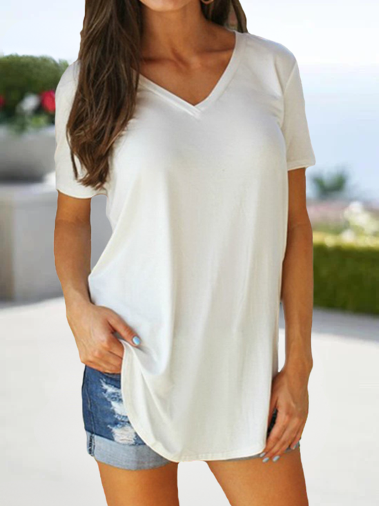 Women Plain V Neck Casual Short Sleeve T-shirt