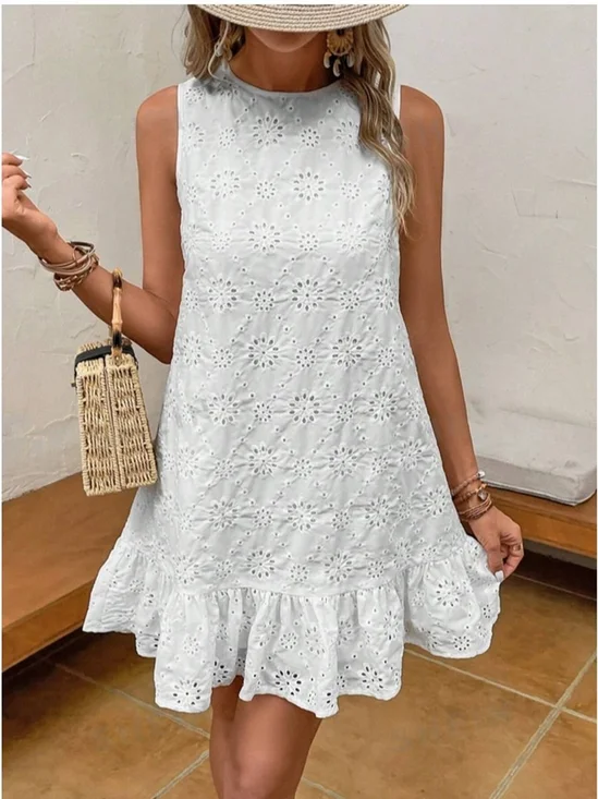 Women's Short Sleeve Summer White Plain Split Joint Crew Neck Daily Going Out Casual Midi A-Line Ruffle Skirt Dress