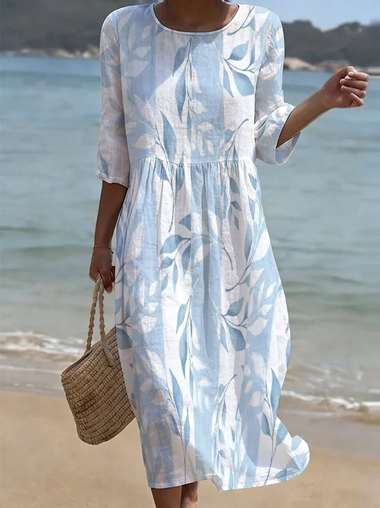 Women's Half Sleeve Summer Blue Floral Printing Crew Neck Daily Going Out Casual Maxi H-Line Dress