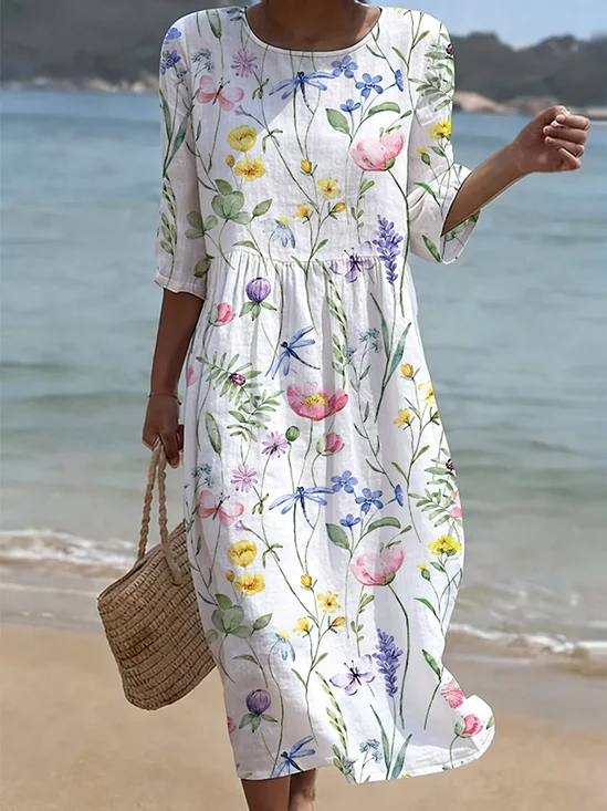 Women's Half Sleeve Summer White Floral Printing Crew Neck Daily Going Out Casual Maxi H-Line Dress