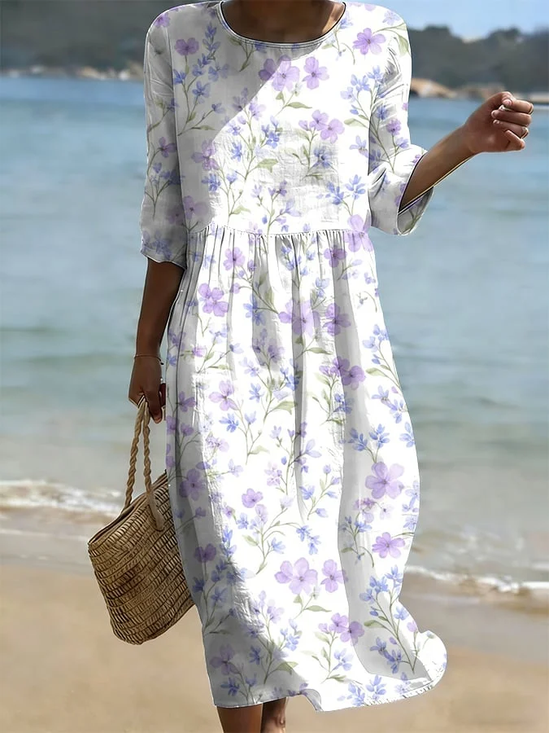 Women's Half Sleeve Summer White Floral Printing Crew Neck Daily Going Out Casual Maxi H-Line Dress