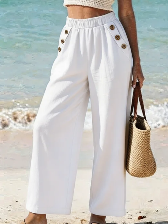 Loose Plain Button Design High Waist Wide Leg Summer Casual Pants
