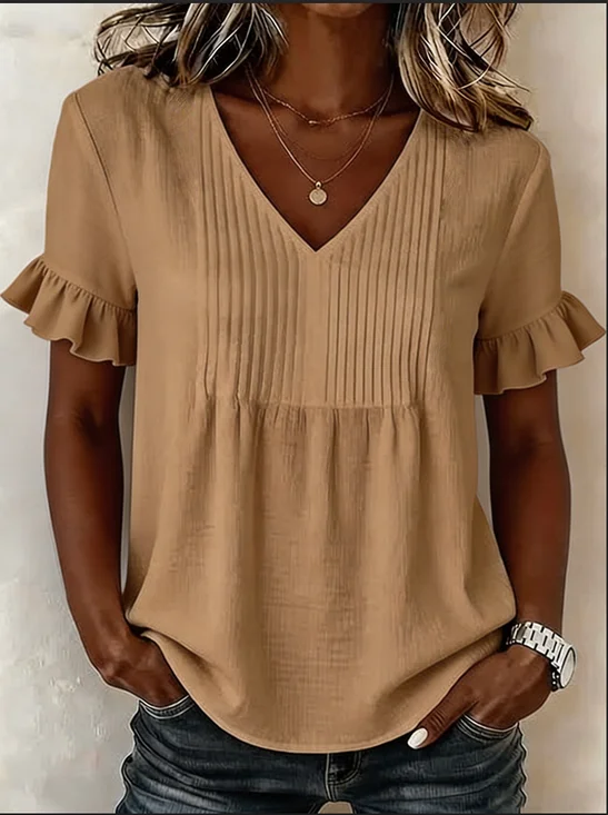 Vacation Plain V Neck Ruffle Sleeve Linen Blend Shirt