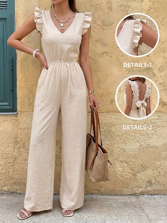 Women's H-Line T-Shirt V Neck Daily Going Out Casual Split Joint Cotton-Blend Plain Summer Long Jumpsuit Romper