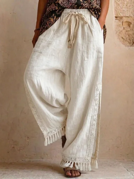 Women's Plain Cotton And Linen Side Slit Lace Tassel Boho Loose Vacation Mid Waist Wide Leg Pants