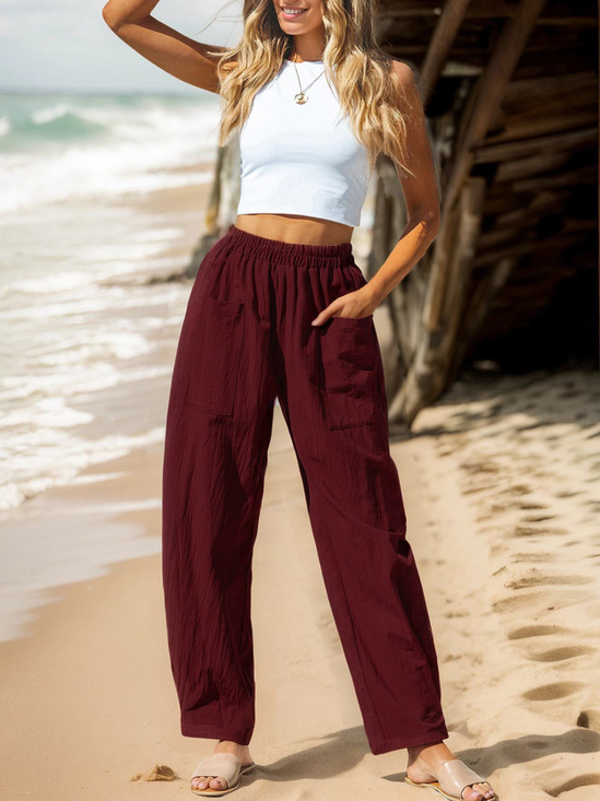 Plain Cotton And Linen Loose Vacation Elastic Waist Casual  Pants