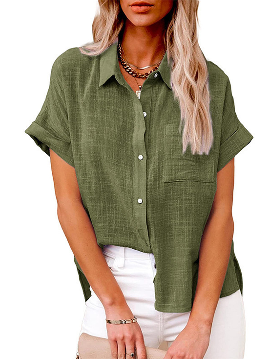 Linen Blend Casual Plain Shirt Collar Shirt