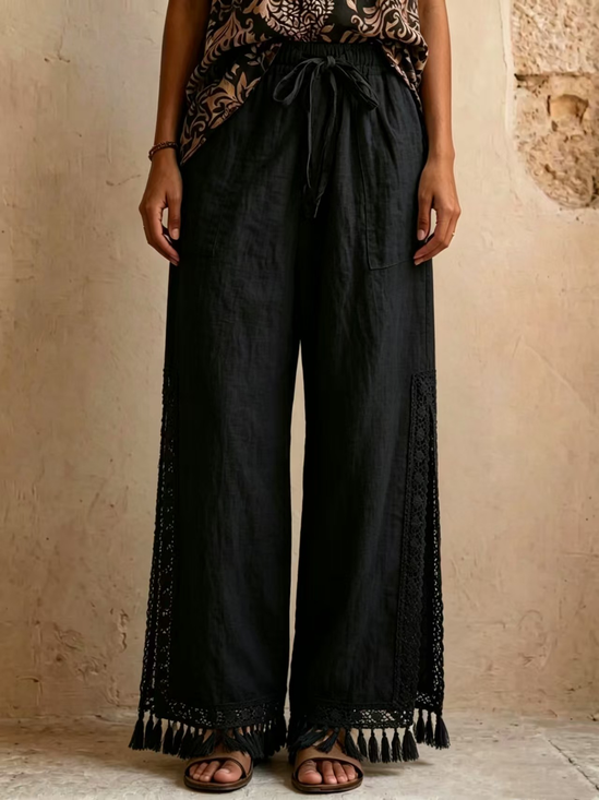 Women's Plain Cotton And Linen Side Slit Lace Tassel Boho Loose Vacation Mid Waist Wide Leg Pants