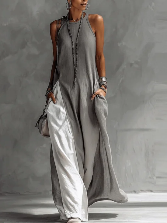 Casual Color Block Crew Neck Maxi Dress