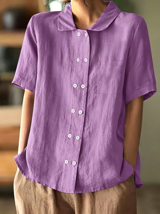 Loose Plain Cotton And Linen Double Button Shawl Collar Short Sleeve Daily Going Out Casual Shirt