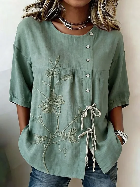 Elegant Loose Floral Linen Blend Blouse