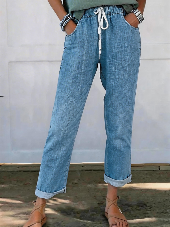 Linen Blend Faux Denim Print Graphic Vintage Pants