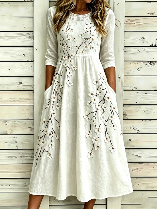 Loose Cotton-Blend Elegant Crew Neck Dress With No