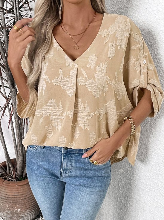 Vintage V Neck Batwing Sleeve Jaquard Fabric Loose Casual Blouse