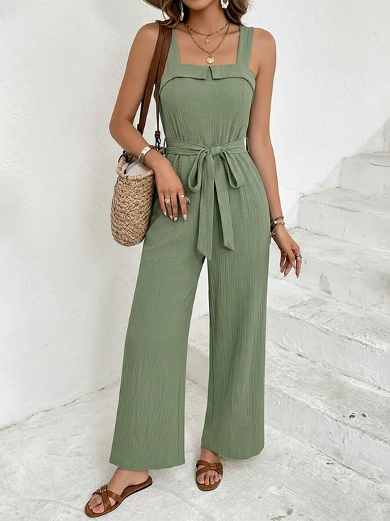 Women's H-Line Cami Square Neck Daily Going Out Casual Split Joint Cotton-Blend Plain Summer Long Jumpsuit Romper